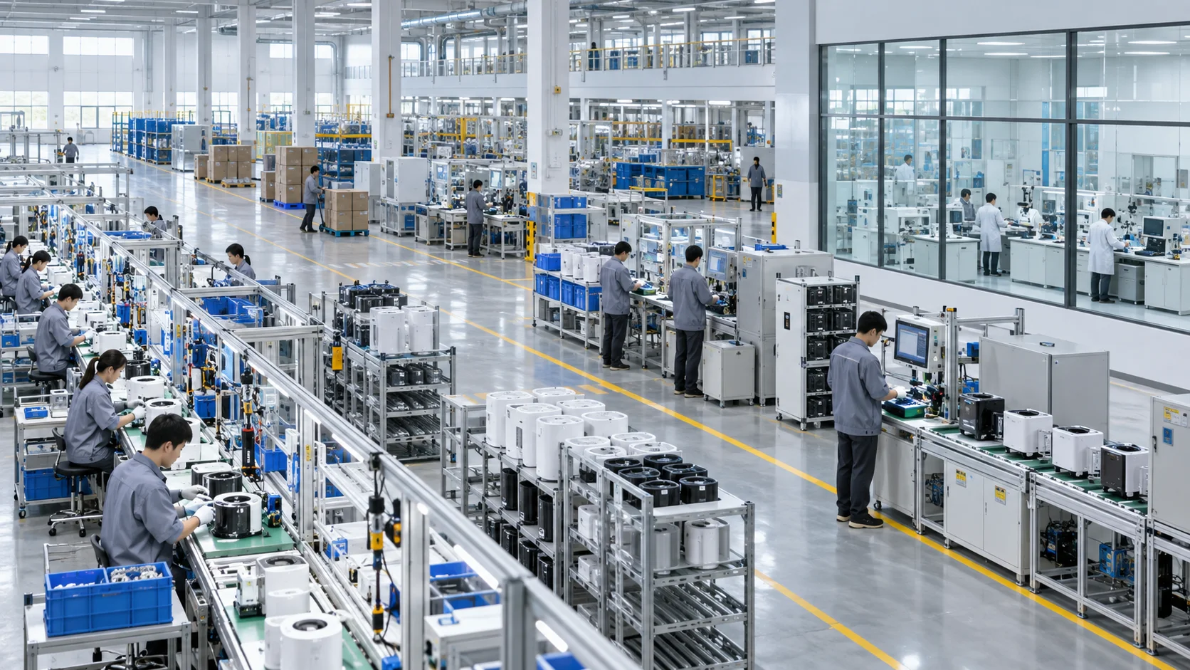 Wide view of an integrated small-appliance factory with assembly, testing and quality laboratory areas