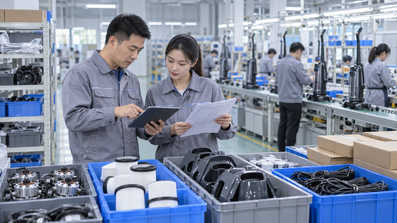Supply team checking motors, filters, housings, power cords and packaging materials