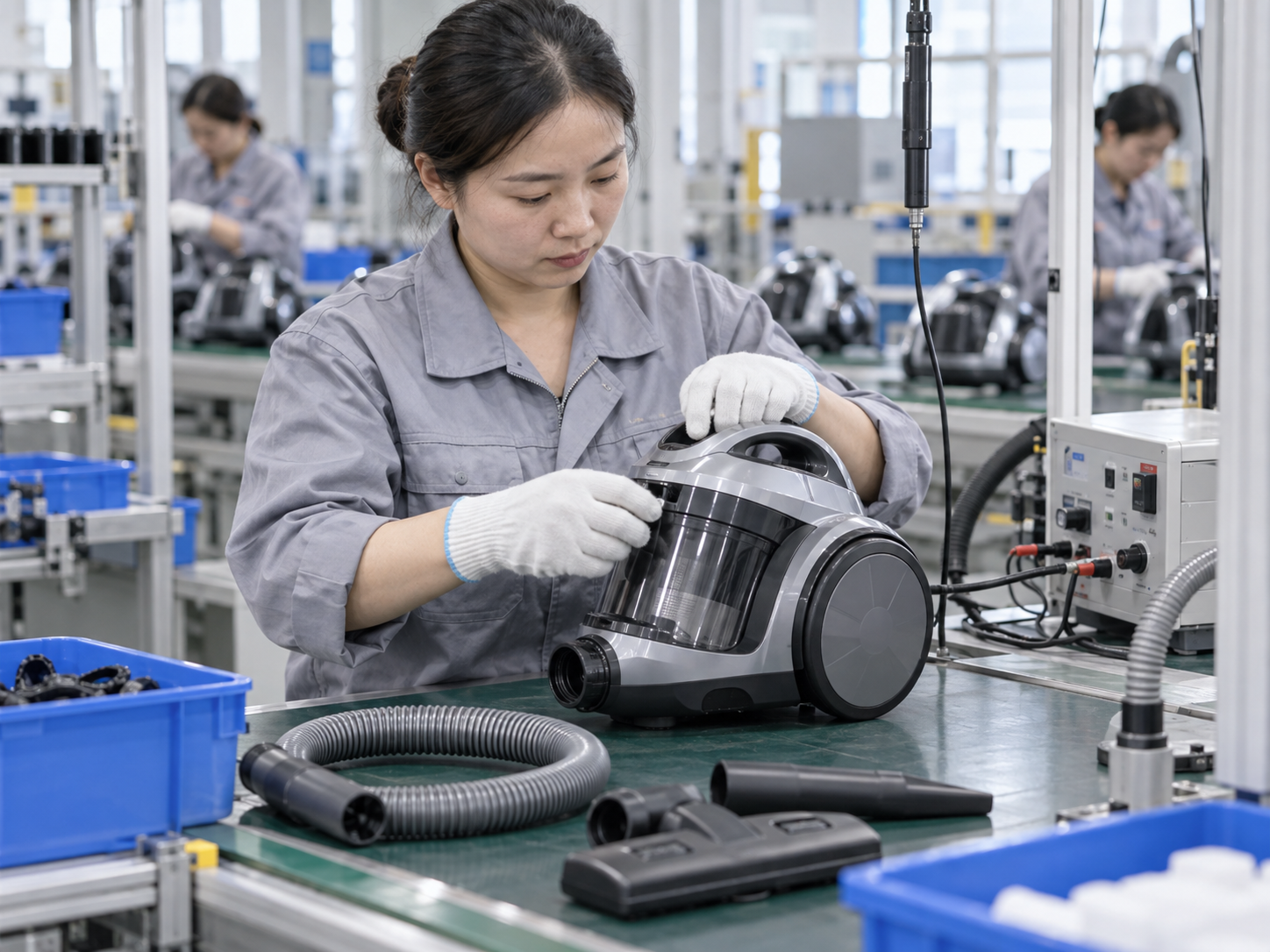 Pilot line worker assembling and checking a household appliance