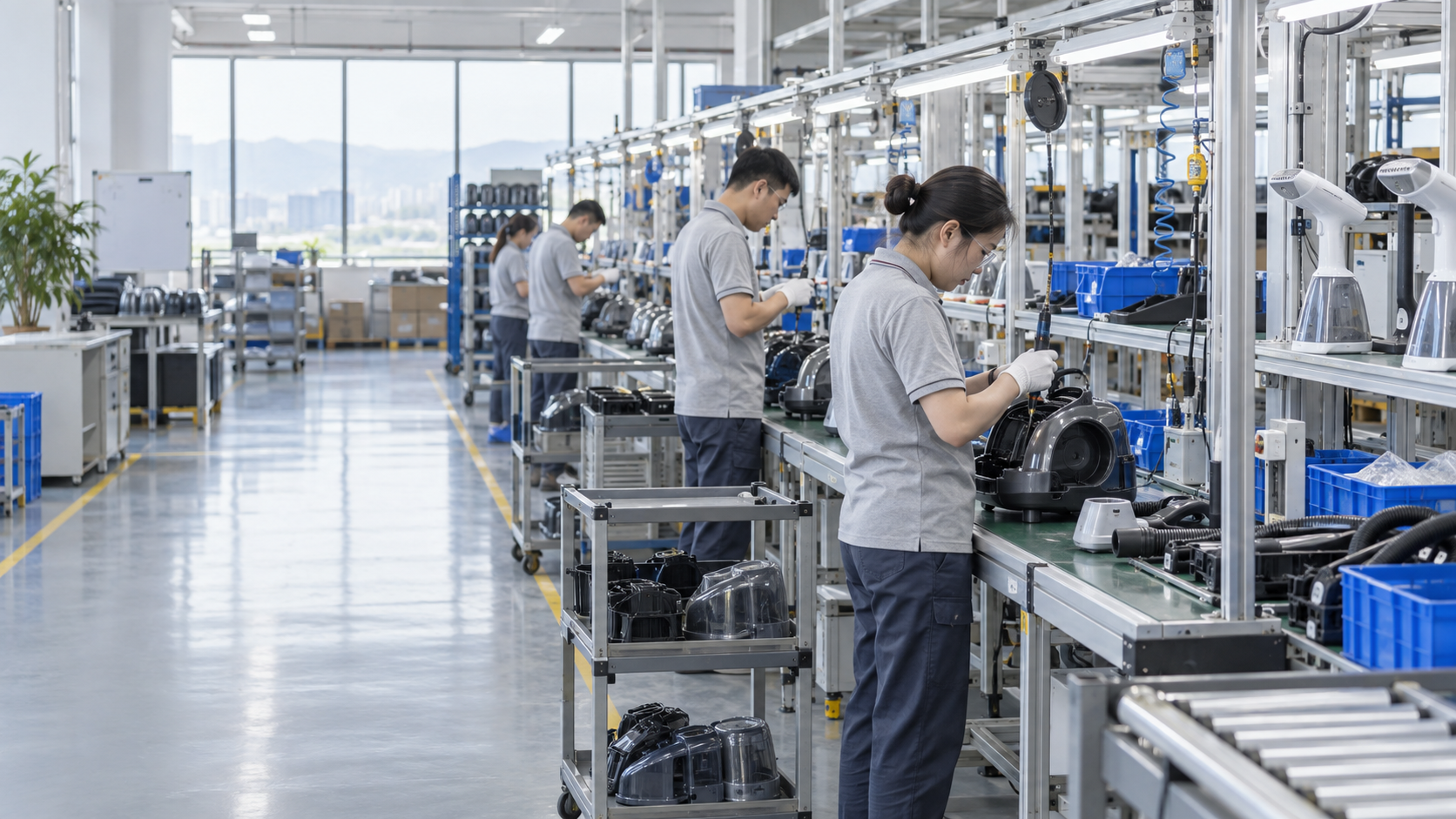 Organized appliance assembly line with quality inspection